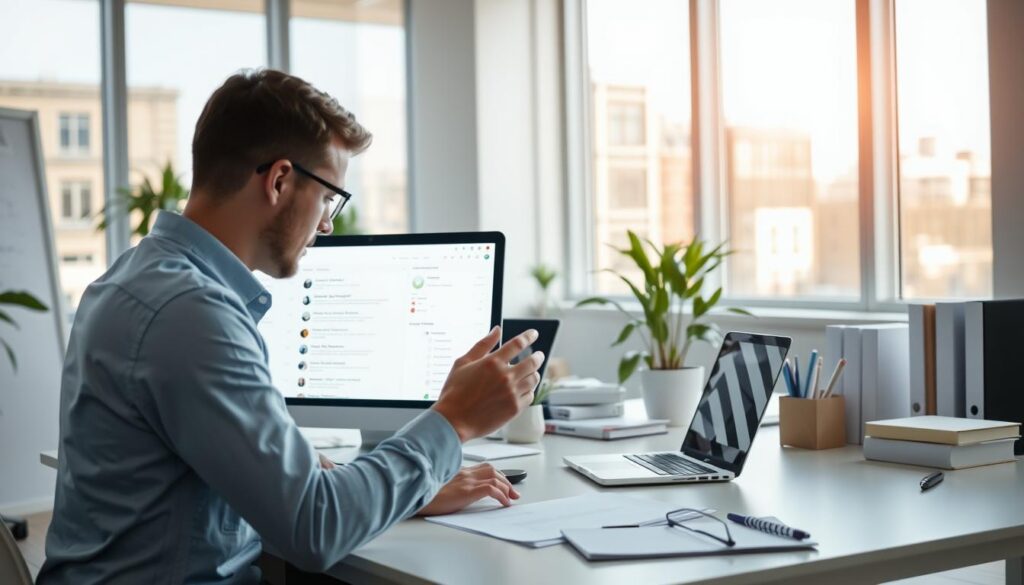 A bright, modern office setting with a desk, laptop, and office supplies. In the foreground, a person intently interacting with a ChatGPT interface on their computer screen, their face illuminated by the screen's glow. The middle ground features a desk organizer, potted plant, and a few books, creating a productive and focused atmosphere. The background showcases floor-to-ceiling windows, allowing natural light to flood the space and create a sense of openness and inspiration. The overall scene conveys the seamless integration of ChatGPT into the professional workspace, empowering the user to harness its capabilities for their work tasks.