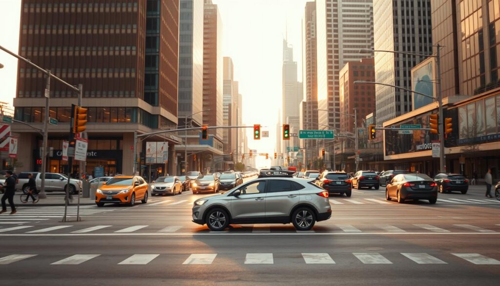 A bustling cityscape with autonomous vehicles navigating the urban landscape. In the foreground, a self-driving car smoothly merges into traffic, its sensors and cameras meticulously tracking the movements of pedestrians, cyclists, and other cars. The middle ground features a network of smart traffic signals, seamlessly coordinating the flow of vehicles and pedestrians for optimal efficiency. In the background, towering skyscrapers and modern architecture create a futuristic atmosphere, hinting at the integration of artificial intelligence in the very fabric of the city. Warm, golden lighting casts a soft glow, emphasizing the harmony between technology and the urban environment. The scene conveys a sense of progress, safety, and the transformative power of AI-powered navigation and mobility.