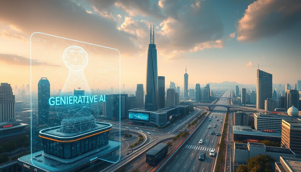 A captivating panorama of a futuristic AI-powered metropolis. In the foreground, a towering holographic display showcases the "Generative AI" technology, its intricate algorithms and neural networks forming a mesmerizing visualization. In the middle ground, sleek autonomous vehicles navigate the bustling streets, while state-of-the-art skyscrapers and advanced infrastructure stretch out into the distance. The scene is illuminated by a warm, ethereal glow, creating a sense of technological wonder and progress. The atmosphere is one of excitement and innovation, perfectly capturing the transformative power of this revolutionary AI breakthrough that has captivated the world.