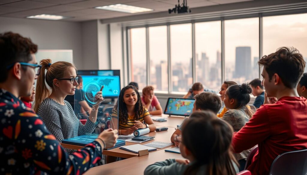 A classroom filled with engaged students of diverse backgrounds, their faces alight with curiosity as they interact with holographic displays and intelligent tutoring systems. In the foreground, an AI-powered teaching assistant guides a small group, tailoring the lesson to their individual needs. The middle ground reveals students collaborating on interactive whiteboards, their work seamlessly integrated with the classroom's intelligent infrastructure. In the background, a panoramic window offers a glimpse of a futuristic cityscape, symbolizing the integration of artificial intelligence into the fabric of modern education, making personalized, accessible learning a reality for all.