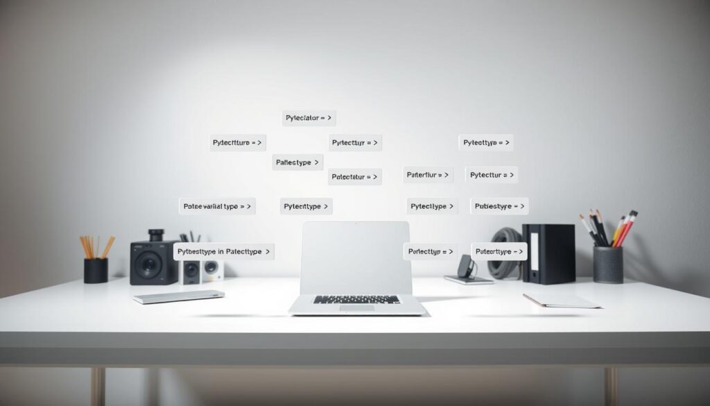 A clean, well-lit studio setting with a sleek, modern desk showcasing an open laptop and various office supplies. In the foreground, a grid-like arrangement of python variable types and data structures, each with a clear and concise label, float above the desk, casting soft shadows. The background features a subtle gradient or textured wall, adding depth and a sense of sophistication. The lighting is directional, creating dynamic highlights and shadows that accentuate the 3D elements. The overall composition is balanced and visually appealing, drawing the viewer's attention to the key concepts of Python variables and data types. A clean, well-lit studio setting with a sleek, modern desk showcasing an open laptop and various office supplies. In the foreground, a grid-like arrangement of python variable types and data structures, each with a clear and concise label, float above the desk, casting soft shadows. The background features a subtle gradient or textured wall, adding depth and a sense of sophistication. The lighting is directional, creating dynamic highlights and shadows that accentuate the 3D elements. The overall composition is balanced and visually appealing, drawing the viewer's attention to the key concepts of Python variables and data types.