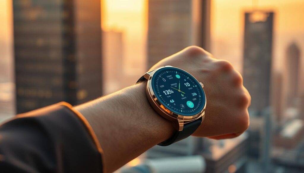 A close-up view of a person's wrist, wearing a sleek, futuristic-looking smartwatch. The display shows various health metrics and wellness data, powered by advanced AI algorithms. In the background, a warm, blurred cityscape with modern, high-rise buildings, reflecting the integration of AI and wearable technology into everyday urban life. Soft, directional lighting illuminates the scene, creating a sense of sophisticated, cutting-edge technology seamlessly blending with human well-being.