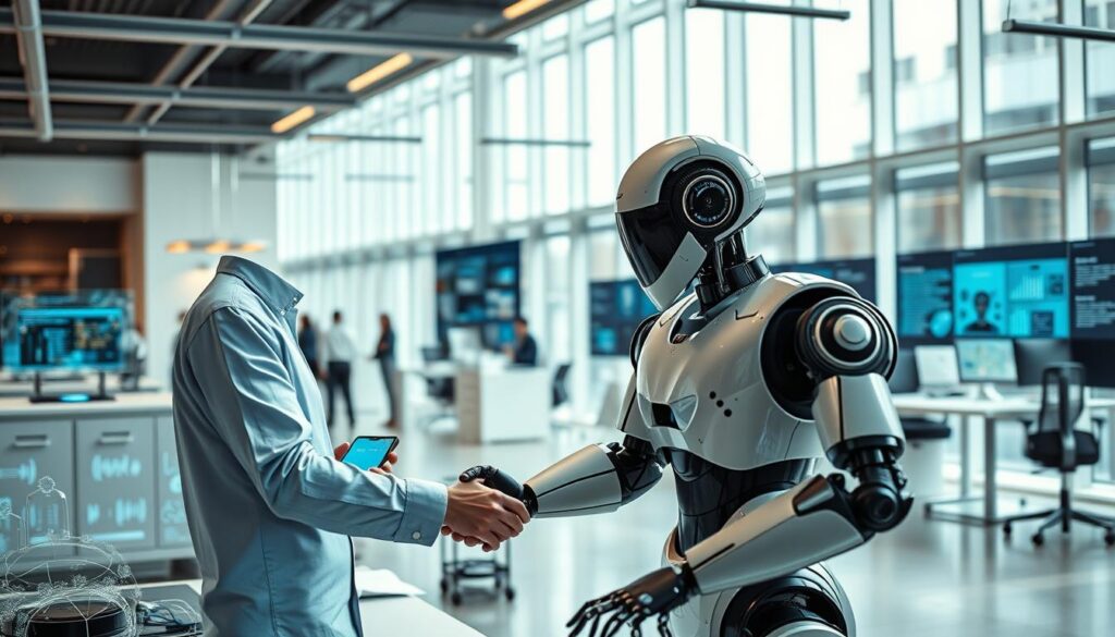 A collaborative workspace where human and artificial intelligence coexist harmoniously. In the foreground, a human and a humanoid robot work side by side, their hands touching as they exchange ideas and insights. The middle ground showcases a range of futuristic technology, including holographic displays, intelligent assistants, and interactive workstations. The background features a sleek, modern office environment with floor-to-ceiling windows, allowing natural light to flood the space. The atmosphere is one of innovation, efficiency, and a symbiotic relationship between human and machine, capturing the essence of the "Human-AI Collaboration: The Future of Hybrid Work" section.
