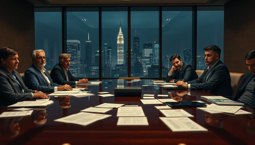 A corporate boardroom, dimly lit by warm, directional lighting. In the foreground, a group of executives sit around a glossy mahogany table, their expressions ranging from deep contemplation to cautious uncertainty. Behind them, a large window overlooking a bustling city skyline, symbolizing the challenges and opportunities of the modern business landscape. Scattered across the table, various papers, tablets, and holographic displays hint at the complex technological and organizational hurdles they face in implementing generative AI. The atmosphere is one of thoughtful deliberation, as the leaders grapple with the human and cultural implications of this transformative technology.