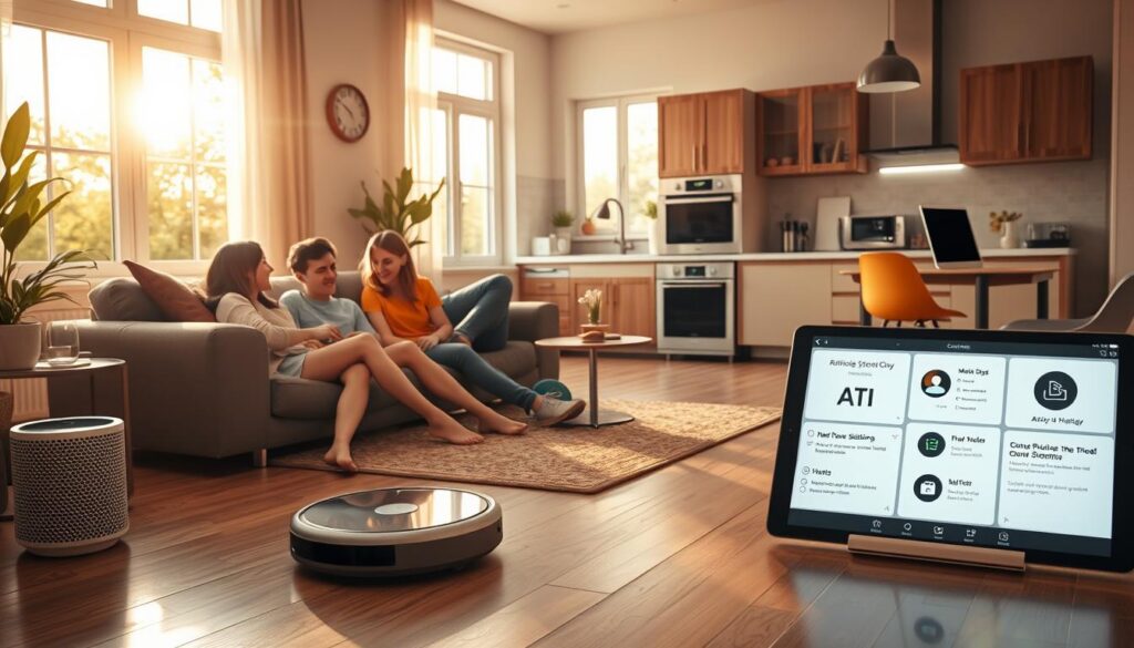 A cozy domestic scene, bathed in warm, golden light filtering through large windows. In the foreground, a family relaxes in their living room, engaged with various AI-powered devices - a smart speaker plays soothing music, a robot vacuum glides silently across the floor, and a tablet displays a virtual assistant providing helpful information. The middle ground showcases a futuristic kitchen with advanced appliances, meal planning software, and a holographic display. In the background, a home office setup features an AI-driven writing assistant, a virtual productivity coach, and smart home controls. The overall atmosphere conveys a sense of harmony, comfort, and the seamless integration of artificial intelligence into everyday life.