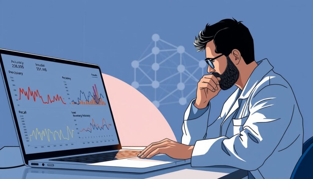 A detailed illustration of a machine learning model evaluation process. In the foreground, a laptop display shows various performance metrics and charts, providing insights into the model's accuracy, precision, recall, and F1 score. In the middle ground, a data scientist in a lab coat carefully examines the results, deep in thought. The background features a stylized neural network diagram, representing the underlying model architecture. The lighting is soft and directional, creating subtle shadows and highlights that accentuate the technical details. The overall scene conveys a sense of analytical rigor and the pursuit of model optimization. A detailed illustration of a machine learning model evaluation process. In the foreground, a laptop display shows various performance metrics and charts, providing insights into the model's accuracy, precision, recall, and F1 score. In the middle ground, a data scientist in a lab coat carefully examines the results, deep in thought. The background features a stylized neural network diagram, representing the underlying model architecture. The lighting is soft and directional, creating subtle shadows and highlights that accentuate the technical details. The overall scene conveys a sense of analytical rigor and the pursuit of model optimization.