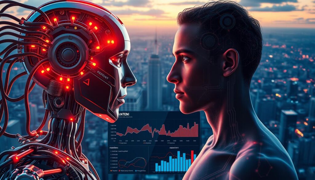 A detailed side-by-side comparison of artificial intelligence and human capabilities. In the foreground, an AI system composed of sleek metallic components, its circuits pulsing with digital energy. Beside it, a human figure, radiating warmth and organic complexity. The middle ground features a data visualization dashboard, showcasing performance metrics and capabilities in a visually striking manner. In the background, a vast, futuristic cityscape, hinting at the technological advancements shaping our world. Vibrant colors, dramatic lighting, and a sense of technological wonder permeate the scene, inviting the viewer to ponder the evolving relationship between AI and human intelligence.