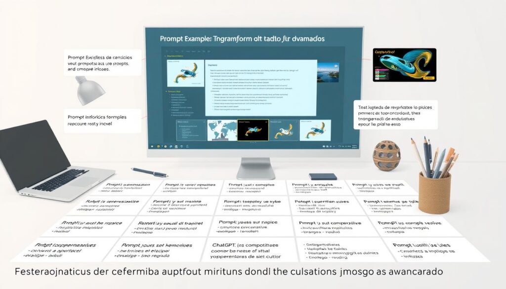 A detailed technical illustration showcasing various prompt examples for the ChatGPT text-to-image model. The image depicts a clean, modern workspace with a laptop, notebook, and a variety of writing implements. In the foreground, several prompts are displayed in a grid, each one highlighted with a subtle glow, showcasing their diversity and complexity. The middle ground features a large, high-resolution display showing the resulting images, demonstrating the transformative power of prompt engineering. The background is a soft, minimalist setting, allowing the prompt examples and their visual outputs to take center stage. The overall mood is one of thoughtful exploration and creative problem-solving, capturing the essence of the "Exemplos práticos de transformação: do prompt básico ao avançado" section.