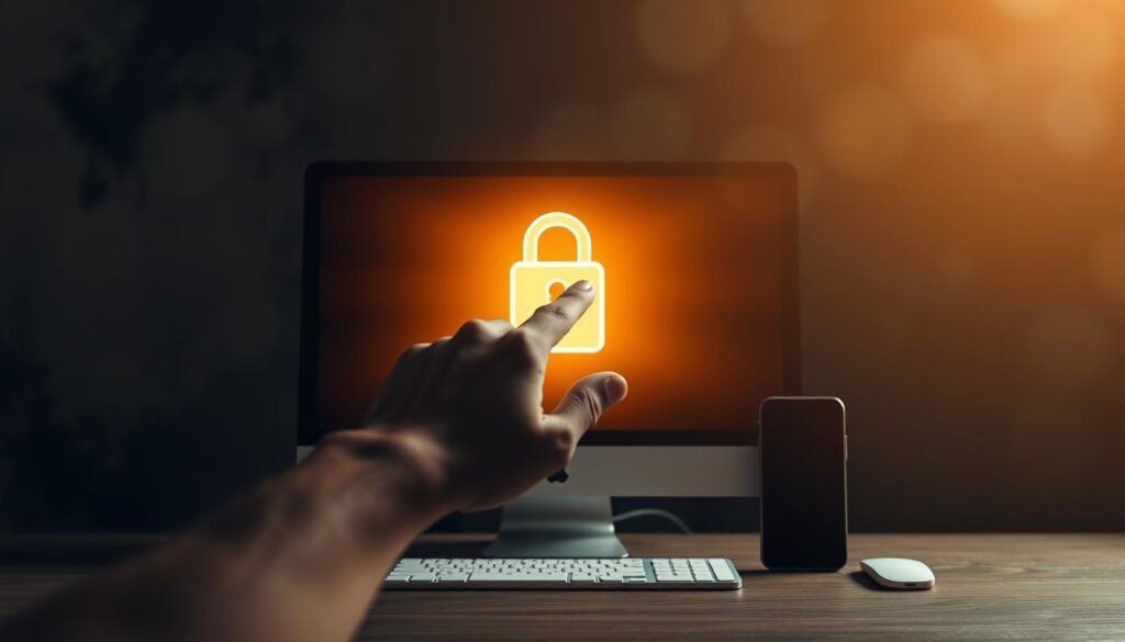 A digital security lock casts a warm glow, shielding a desktop computer and smartphone from a dark, hazy backdrop. Sleek, minimalist lines and neutral tones convey a sense of modern, sophisticated data protection. In the foreground, a hand reaches toward the lock, symbolizing the user's active role in safeguarding their personal information. Soft, directional lighting illuminates the scene, creating depth and emphasizing the importance of online privacy. The overall mood is one of confidence, control, and the assurance of digital safety. A digital security lock casts a warm glow, shielding a desktop computer and smartphone from a dark, hazy backdrop. Sleek, minimalist lines and neutral tones convey a sense of modern, sophisticated data protection. In the foreground, a hand reaches toward the lock, symbolizing the user's active role in safeguarding their personal information. Soft, directional lighting illuminates the scene, creating depth and emphasizing the importance of online privacy. The overall mood is one of confidence, control, and the assurance of digital safety.