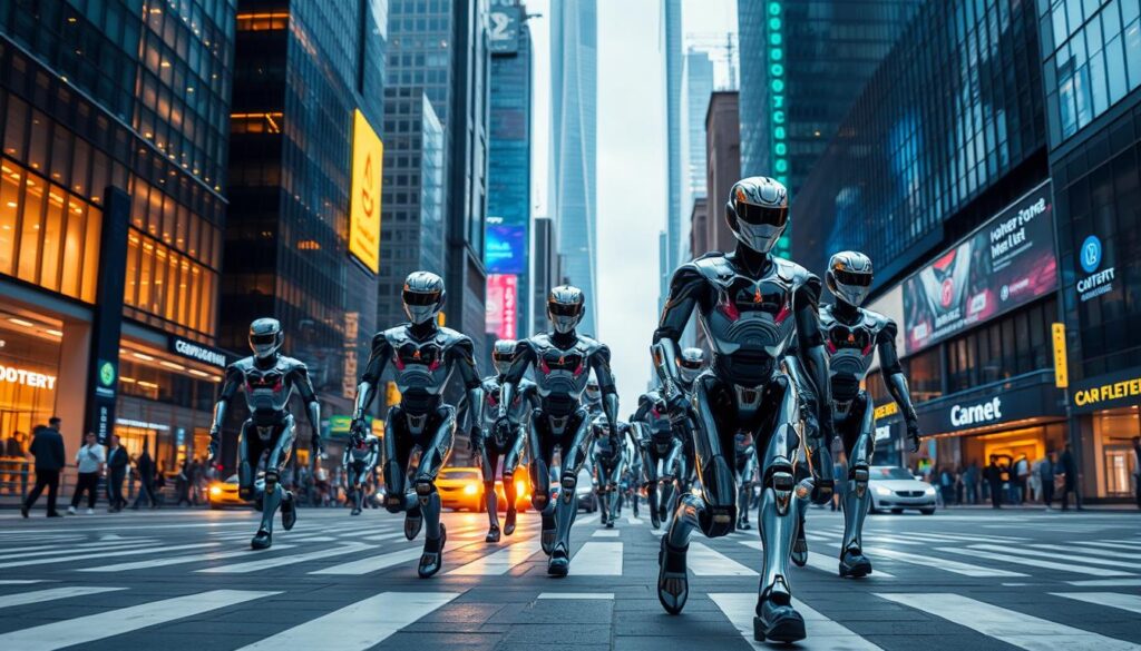 A dynamic and visually striking scene of autonomous AI agents in action. In the foreground, a team of sleek, humanoid robots navigates a complex urban environment, their movements fluid and coordinated. Mirrored panels on their chassis reflect the gleaming skyscrapers and bustling streets that form the middle ground, creating a sense of integration between machine and city. In the background, holographic displays and futuristic infrastructure hint at the advanced technological capabilities powering these autonomous agents. The lighting is a mix of cool, artificial tones and warm, natural illumination, evoking a sense of balance between human and machine. The overall atmosphere is one of efficiency, innovation, and the seamless integration of artificial intelligence into everyday life.