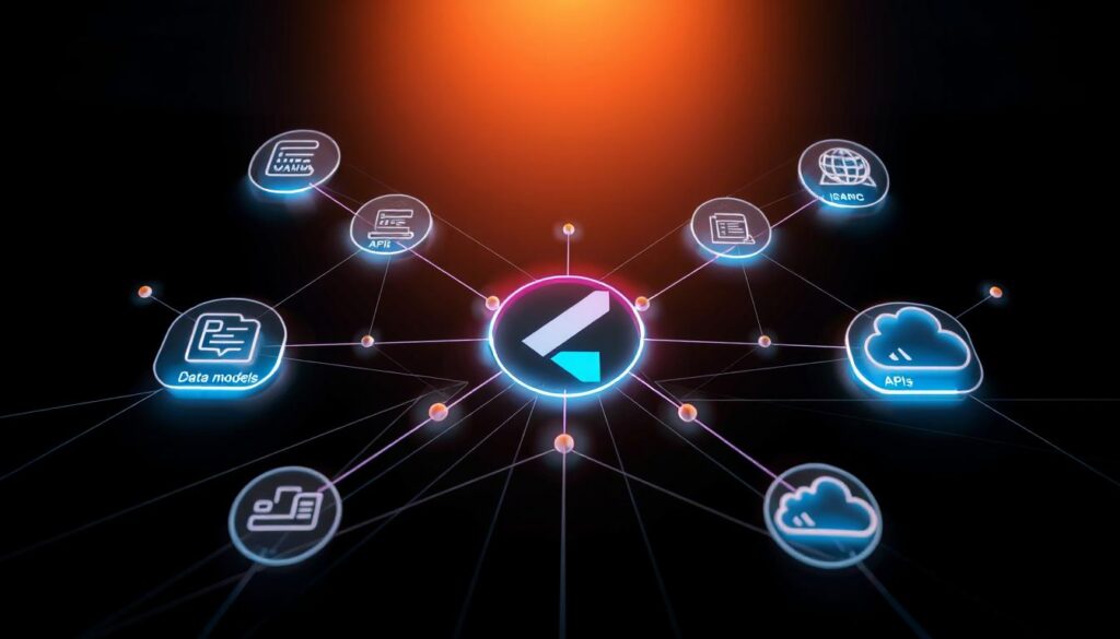 A dynamic network topology with Flutter framework at the center, surrounded by data models, APIs, and cloud infrastructure. The scene is illuminated by a warm, diffused light, creating a sense of depth and balance. Elegant lines and geometric shapes convey the technical sophistication of the application, while subtle gradients and textures add visual interest. The overall composition suggests the harmony between seamless connectivity and robust data management, essential for building resilient and future-ready Flutter applications.