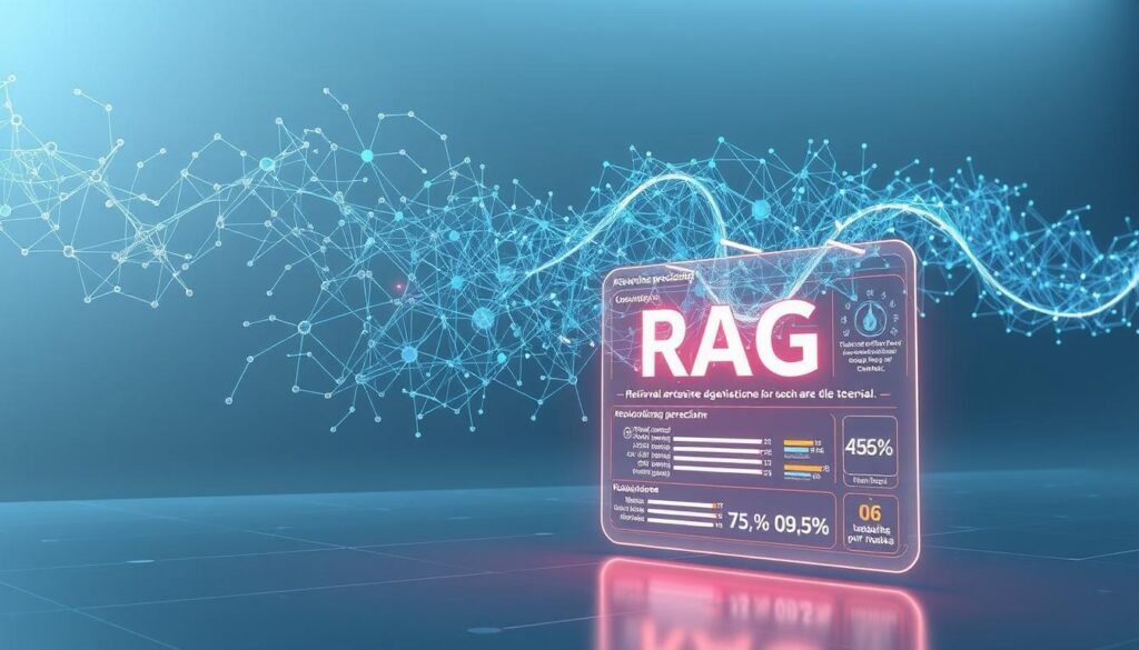 A futuristic and technologically advanced illustration of the RAG (Retrieval-Augmented Generation) AI model. Set against a sleek, minimalist backdrop, a complex neural network sprawls across the frame, its intricate nodes and connections pulsing with dynamic energy. In the foreground, a glowing, holographic display showcases the model's impressive performance, data visualizations and metrics highlighting its revolutionary precision. Subtle lighting creates a sense of depth and dimensionality, while a cool, futuristic color palette evokes a sense of innovation and progress. The overall composition conveys the transformative potential of this cutting-edge AI technology, poised to reshape the landscape of language models.