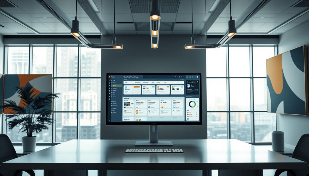 A futuristic office scene, with a large desk at the center. On the desk, a sleek computer monitor displays a workflow automation dashboard, showcasing customizable process flows, real-time metrics, and automated task notifications. The background features floor-to-ceiling windows, allowing natural light to flood the space. Suspended from the ceiling, a series of minimalist lighting fixtures cast a warm, focused glow on the desktop. The walls are adorned with abstract, geometric artwork, complementing the modern, tech-forward ambiance. The overall scene conveys a sense of efficiency, innovation, and a streamlined approach to workplace productivity.