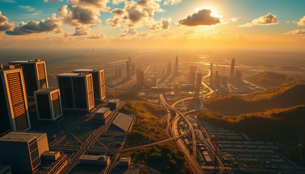 A grand and sweeping digital infrastructure spanning the vast expanse of Brazil, captured with cinematic grandeur. In the foreground, towering data centers and cloud computing hubs, their sleek silhouettes bathed in warm, golden light. The middle ground reveals a dense network of fiber optic cables and 5G cell towers, weaving a tapestry of connectivity across the landscape. In the distant background, skyscrapers and futuristic cityscapes rise, symbolizing the digital transformation powering innovation and progress. The scene is infused with a sense of energy and dynamism, reflecting Brazil's ambition to build a robust, resilient, and inclusive digital foundation for its society. A grand and sweeping digital infrastructure spanning the vast expanse of Brazil, captured with cinematic grandeur. In the foreground, towering data centers and cloud computing hubs, their sleek silhouettes bathed in warm, golden light. The middle ground reveals a dense network of fiber optic cables and 5G cell towers, weaving a tapestry of connectivity across the landscape. In the distant background, skyscrapers and futuristic cityscapes rise, symbolizing the digital transformation powering innovation and progress. The scene is infused with a sense of energy and dynamism, reflecting Brazil's ambition to build a robust, resilient, and inclusive digital foundation for its society.