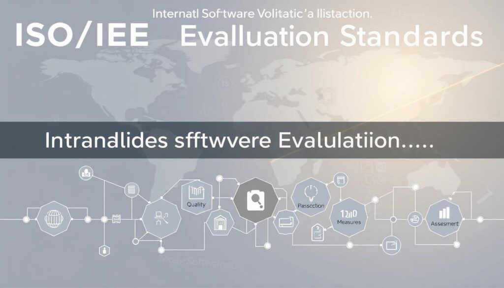 A highly detailed digital illustration of the "International Software Evaluation Standards", showcasing the ISO/IEC 25010 framework. The image features a clean, minimalist design with muted colors, conveying a sense of professionalism and technical precision. In the foreground, a series of interconnected geometric shapes and icons represents the different aspects of software evaluation, such as quality characteristics, measures, and assessment processes. In the middle ground, a backdrop of technical diagrams, graphs, and flowcharts provides context and depth. The background features a subtle gradient or pattern, suggesting the international and standardized nature of the subject matter. The overall composition is balanced, with a focus on clearly communicating the key elements of software evaluation through a visually striking and informative illustration.