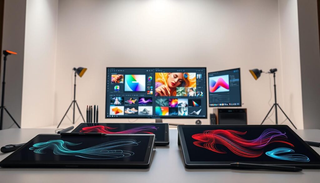 A meticulously crafted scene showcasing a variety of AI-powered image editing tools. In the foreground, an assortment of sleek, modern digital drawing tablets and styluses are prominently displayed, their surfaces glowing with vibrant colors and intricate brushstrokes. In the middle ground, a large, high-resolution display presents a digital canvas, where a range of advanced image editing software is open, with intuitive user interfaces and powerful AI-driven features. The background is a minimalist, white-walled studio setting, with carefully placed lighting that casts a warm, professional ambiance, highlighting the tools and technology. The overall mood is one of cutting-edge creativity, efficiency, and the seamless integration of artificial intelligence into the artistic process.