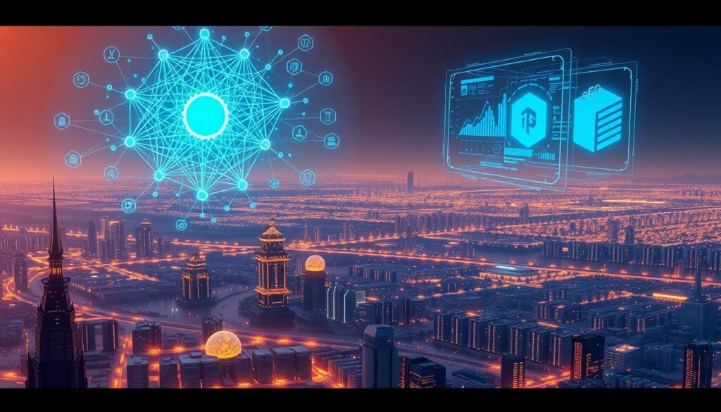 A meticulously detailed illustration depicting the core technologies of artificial intelligence. In the foreground, a cluster of neural network diagrams and data visualization elements hover above a futuristic cityscape, bathed in a warm, diffuse lighting. In the middle ground, floating holographic interfaces showcase machine learning algorithms and deep learning models, their intricate structures illuminated by a soft, ambient glow. In the background, a vast, interconnected network of servers and data centers stretches across the horizon, symbolizing the vast computational power and infrastructure that powers modern AI systems. The overall scene conveys a sense of technological sophistication, innovation, and the transformative potential of artificial intelligence.