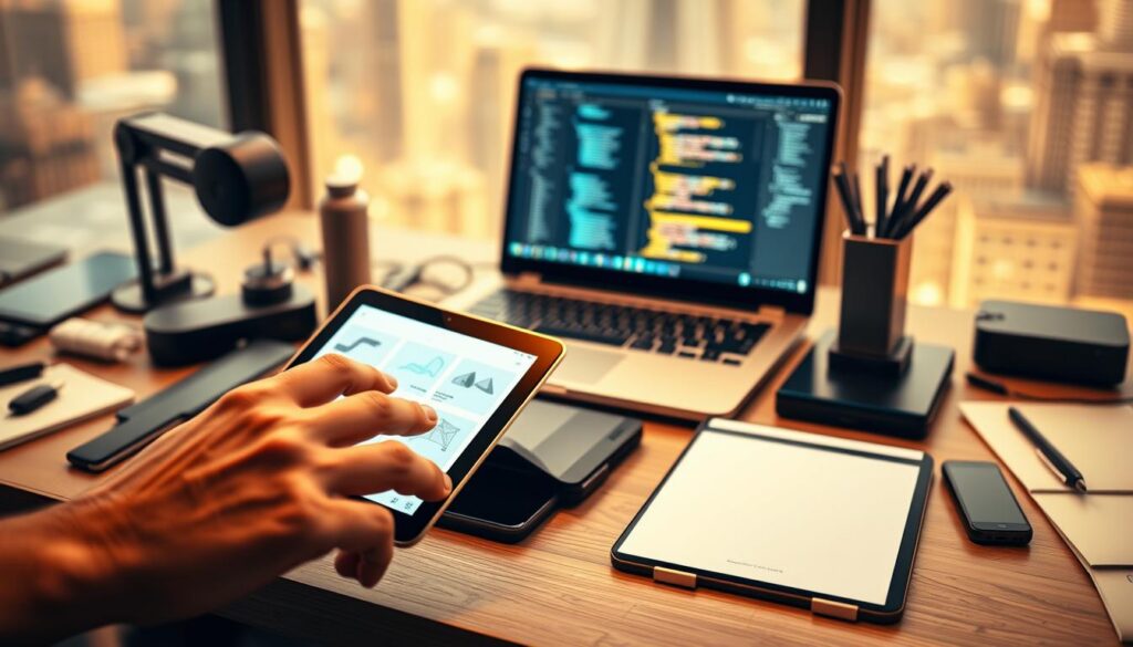 A mobile app development workstation with a sleek, modern design. In the foreground, a developer's hand taps on a tablet with a minimalist user interface, showcasing the core functionality of the application. The middle ground features a laptop displaying wireframes and code snippets, surrounded by various development tools and devices. The background is a soft-focused cityscape, hinting at the dynamic and connected nature of mobile apps. The lighting is warm and inviting, reflecting the productive and collaborative atmosphere of the workspace. Overall, the scene conveys the process of creating a versatile, user-centric mobile application.