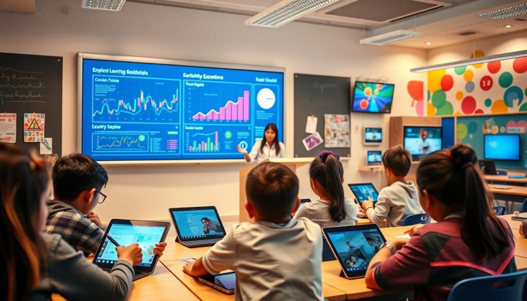A modern classroom with a digital chalkboard displaying a dynamic visualization of educational data. In the foreground, students intently examining tablets and laptops, immersed in interactive learning experiences. The middle ground features a teacher guiding the class, utilizing a sleek, touch-enabled lectern. The background showcases vibrant, technology-infused learning spaces, with colorful murals and screens displaying educational content. Warm, diffused lighting creates a welcoming atmosphere, while the overall composition conveys a sense of innovation, collaboration, and the seamless integration of technology into the educational landscape.