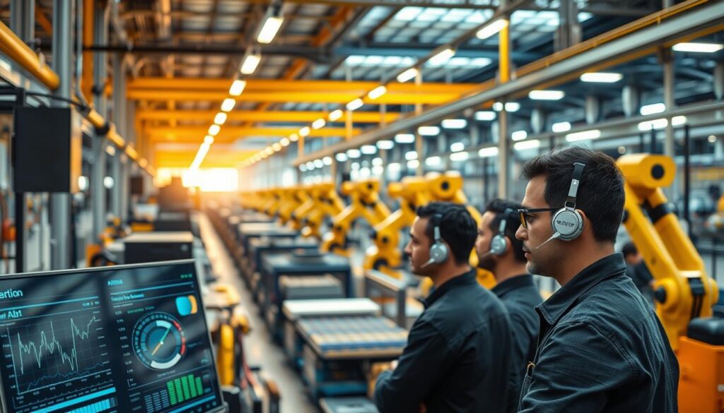 A modern industrial facility with advanced machinery and robotic arms, illuminated by warm overhead lighting. The foreground features a group of workers monitoring a digital dashboard, deep in concentration. In the middle ground, an assembly line efficiently producing high-tech products. The background showcases an array of cutting-edge automation technologies, including AI-powered logistics systems and predictive maintenance algorithms. The overall scene conveys the seamless integration of machine learning capabilities across the various stages of the manufacturing process, driving innovation and productivity in the Brazilian industrial sector.
