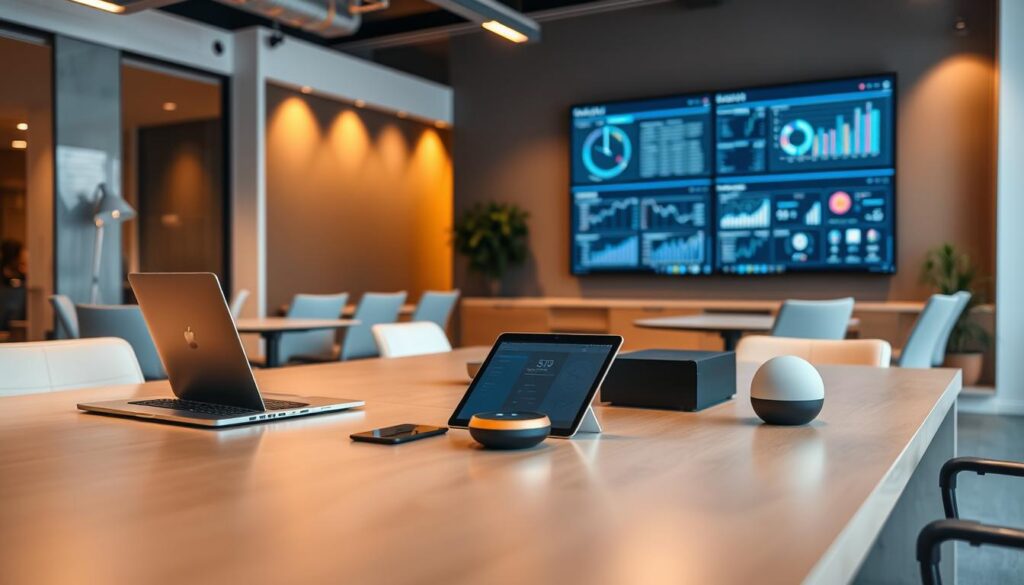 A modern office interior, with a large desk featuring a variety of AI-powered business tools. On the desk, a sleek laptop, a smart tablet, and an AI assistant device. In the background, a wall-mounted display showcases visualizations and analytics. Warm, indirect lighting casts a professional ambiance, while the layout suggests efficiency and technological prowess. The scene conveys the seamless integration of AI-driven automation into the daily workflow of a thriving business, ready to embrace the future of intelligent automation.