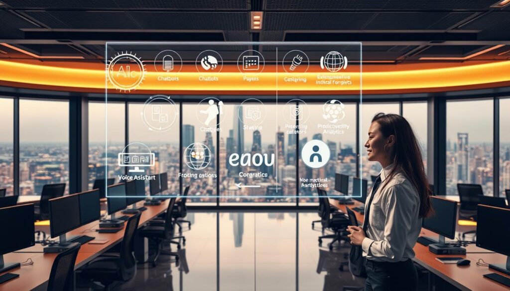 A modern office interior with a sleek, futuristic design. In the foreground, a customer service representative in a crisp white shirt and tie is assisting a customer, both of them engaged in a friendly conversation. Hovering above them is a holographic display showcasing various AI-powered customer service tools, such as chatbots, voice assistants, and predictive analytics. The middle ground features rows of workstations, each equipped with state-of-the-art computer systems and ergonomic furniture. In the background, floor-to-ceiling windows offer a panoramic view of a bustling city skyline, bathed in warm, golden lighting that creates a sense of energy and innovation. The overall scene conveys the seamless integration of artificial intelligence and human-centered customer service, revolutionizing the way businesses engage with their clients.