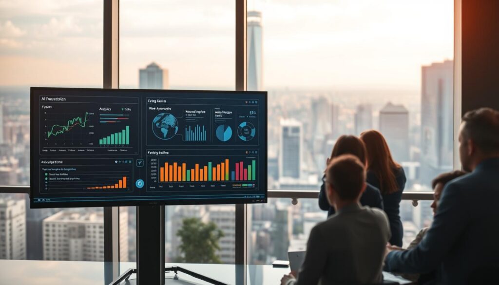 A modern office setting with a large window overlooking a bustling city skyline. In the foreground, several sleek AI-powered enterprise applications are displayed on a high-resolution monitor, showcasing advanced analytics, workflow automation, and natural language processing capabilities. The middle ground features a team of professionals collaboratively interacting with the applications, deep in discussion. The background has a warm, ambient lighting, creating a sense of productivity and innovation. The overall composition conveys the power and versatility of enterprise-grade AI applications in driving business success in the year 2025.