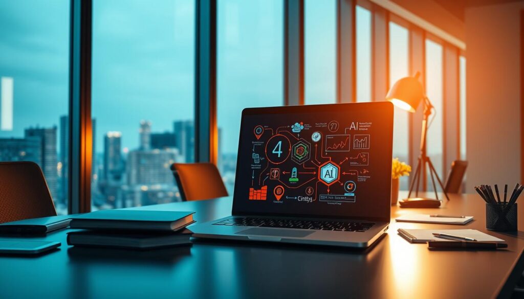 A modern office workspace with a sleek desk, a laptop, and various office supplies. In the background, a cityscape is visible through large windows, suggesting a high-rise corporate environment. The laptop screen displays a visual representation of AI-powered automation, with colorful diagrams, graphs, and icons illustrating the process of streamlining repetitive tasks. Warm, directional lighting casts a subtle glow, creating a professional and productive atmosphere. The composition emphasizes the integration of technology and human-centered design, showcasing the potential of AI to enhance workplace efficiency and productivity. A modern office workspace with a sleek desk, a laptop, and various office supplies. In the background, a cityscape is visible through large windows, suggesting a high-rise corporate environment. The laptop screen displays a visual representation of AI-powered automation, with colorful diagrams, graphs, and icons illustrating the process of streamlining repetitive tasks. Warm, directional lighting casts a subtle glow, creating a professional and productive atmosphere. The composition emphasizes the integration of technology and human-centered design, showcasing the potential of AI to enhance workplace efficiency and productivity.