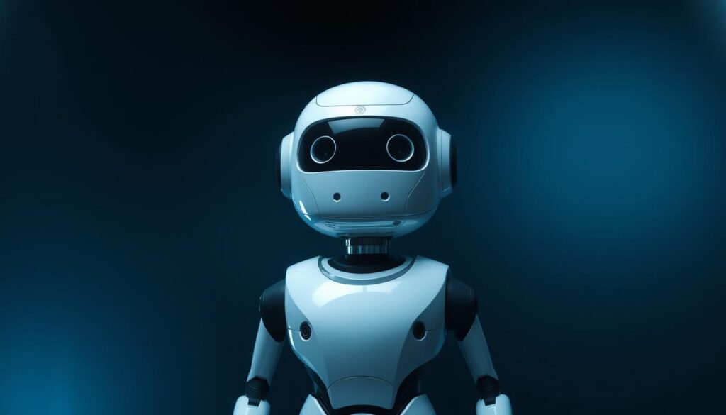 A modern, sleek, and sophisticated chatbot with artificial intelligence capabilities, positioned in the center of the frame. The chatbot has a smooth, reflective surface, giving it a futuristic and technologically advanced appearance. The background is dimly lit, with a subtle gradient that creates a sense of depth and emphasizes the focus on the chatbot. The lighting is soft and directional, casting subtle shadows that add depth and dimensionality to the image. The overall mood is one of innovation, efficiency, and cutting-edge technology, perfectly reflecting the topic of "Chatbots Inteligentes" and the section title "Como Funcionam os Chatbots Inteligentes".