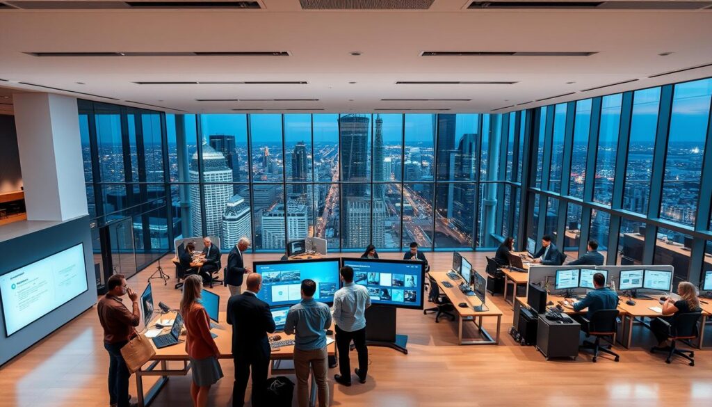 A modern, sleek office interior with a large, open-concept floor plan. In the foreground, a group of professionals gather around a table, engaged in a collaborative discussion, digital screens and interactive whiteboards enhancing their workflow. The middle ground features rows of desks and workstations, employees immersed in their tasks, AI-powered software and automation tools streamlining their processes. In the background, floor-to-ceiling windows offer a panoramic view of a bustling cityscape, symbolizing the transformative impact of AI on the corporate landscape. The lighting is balanced, creating a sense of productivity and innovation. The overall atmosphere conveys a harmonious fusion of human ingenuity and technological advancement, reflecting the seamless integration of AI and efficient business operations.