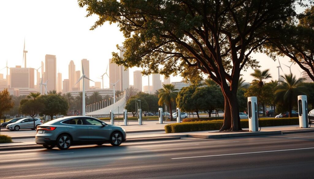 A panoramic scene of a sustainable electric vehicle ecosystem. In the foreground, a sleek, futuristic electric car glides silently along a tree-lined urban street, its clean lines and bold design reflecting the cutting-edge technology powering it. In the middle ground, a network of charging stations dotted across a plaza, each emitting a soft, ambient glow, symbolizing the growing infrastructure supporting electric mobility. In the background, a cityscape of modern, eco-friendly high-rises and towering wind turbines, all bathed in warm, golden light, creating a sense of optimism and progress towards a greener future. The overall atmosphere is one of harmony, innovation, and a harmonious integration of technology and nature. A panoramic scene of a sustainable electric vehicle ecosystem. In the foreground, a sleek, futuristic electric car glides silently along a tree-lined urban street, its clean lines and bold design reflecting the cutting-edge technology powering it. In the middle ground, a network of charging stations dotted across a plaza, each emitting a soft, ambient glow, symbolizing the growing infrastructure supporting electric mobility. In the background, a cityscape of modern, eco-friendly high-rises and towering wind turbines, all bathed in warm, golden light, creating a sense of optimism and progress towards a greener future. The overall atmosphere is one of harmony, innovation, and a harmonious integration of technology and nature.