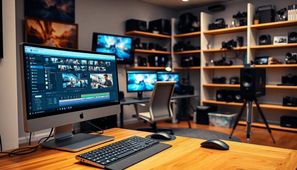 A professional, well-organized workspace with an array of video editing software on multiple computer screens. In the foreground, a sleek, high-end desktop computer with an ergonomic keyboard and mouse. The middle ground features a cozy, minimalist office setting with a comfortable chair and task lighting. In the background, shelves filled with video production equipment, cameras, and other creative tools. The overall scene conveys a sense of productivity, innovation, and the essential tools needed for video content creation.