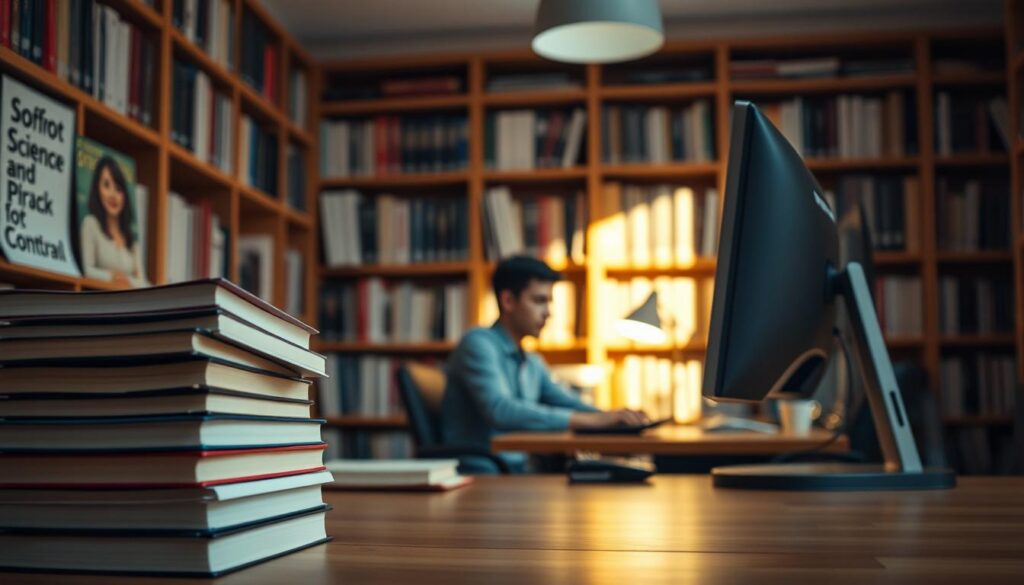 A serene academic setting with a warm, inviting atmosphere. In the foreground, a stack of books and a desktop computer, representing the tools of learning. In the middle ground, a person sitting at a desk, their hands resting on a keyboard, deep in thought as they embark on their AI journey. The background features a bookshelf filled with volumes on computer science and technology, casting a soft, ambient light across the scene. The overall composition conveys a sense of focus, discovery, and the excitement of taking the first steps towards mastering artificial intelligence.