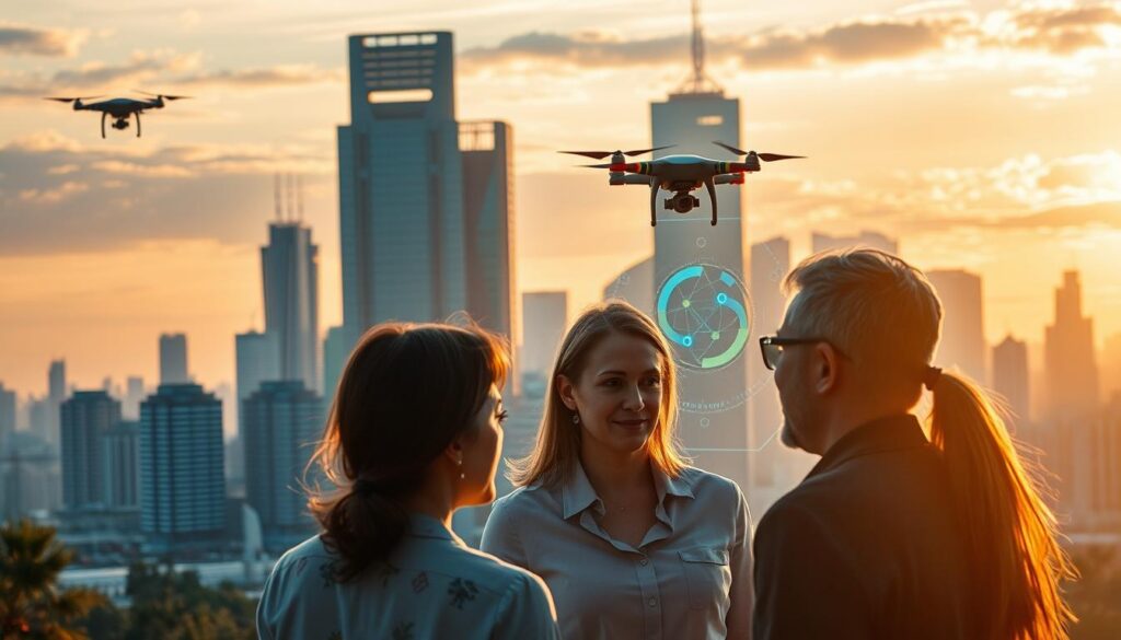 A serene, futuristic cityscape with towering skyscrapers and hovering drones. In the foreground, a group of people engaged in thoughtful discussion, their expressions reflecting the weight of their conversation about the ethics of artificial intelligence. The sky is bathed in warm, golden light, casting a tranquil glow over the scene. In the distance, abstract data visualizations and holographic interfaces hint at the technological advancements that underpin this discussion of AI regulation and responsible innovation. The composition is balanced, with a sense of harmony between the natural and the digital realms.
