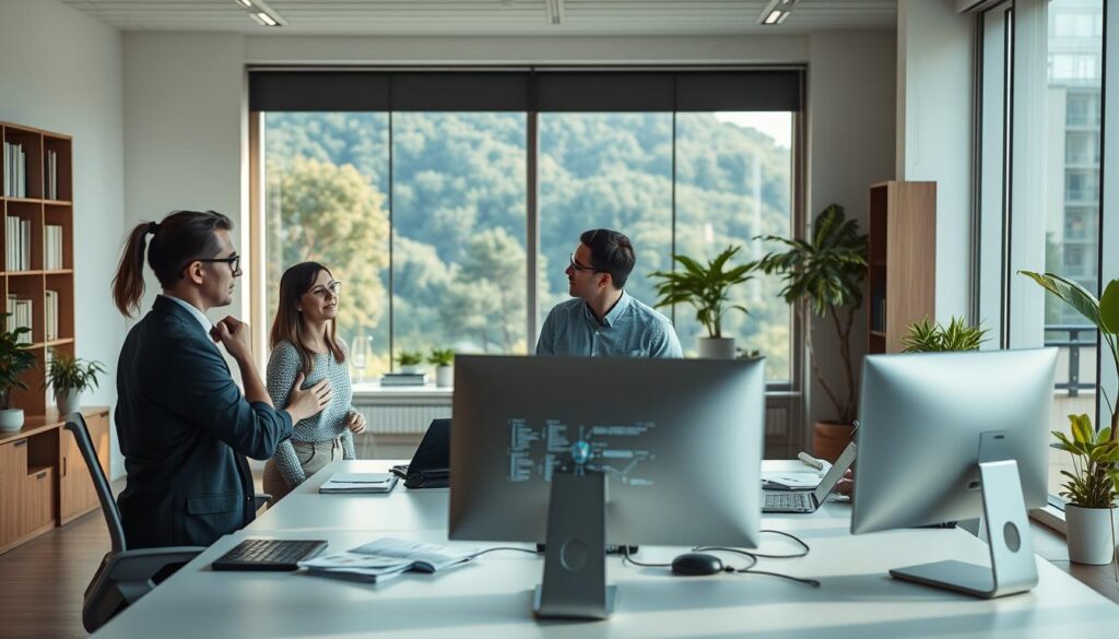 A serene, professional office setting with a large window overlooking a tranquil, verdant landscape. In the foreground, a team of researchers and engineers are intently studying holographic displays, algorithms, and AI models, engaged in thoughtful discussion about ethical guidelines for AI development. The mid-ground features minimalist, ergonomic workstations, each with a sleek computer monitor displaying abstract visualizations. Soft, natural lighting filters through the window, casting a warm, contemplative glow over the scene. The background is filled with bookshelves, potted plants, and subtle technological accents, conveying a sense of intellectual rigor and a commitment to responsible innovation.