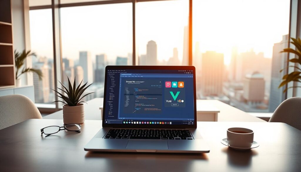 A serene, well-lit office setting showcasing the Vue.js framework. In the foreground, a sleek laptop displays a vibrant Vue.js application, its components intuitively arranged. The middle ground features a minimalist desk with a potted plant, a pair of glasses, and a cup of coffee, conveying a sense of focused productivity. The background depicts floor-to-ceiling windows overlooking a bustling city skyline, bathed in the warm glow of the afternoon sun. The overall atmosphere is one of modern, elegant simplicity - a reflection of the Vue.js framework's design philosophy.