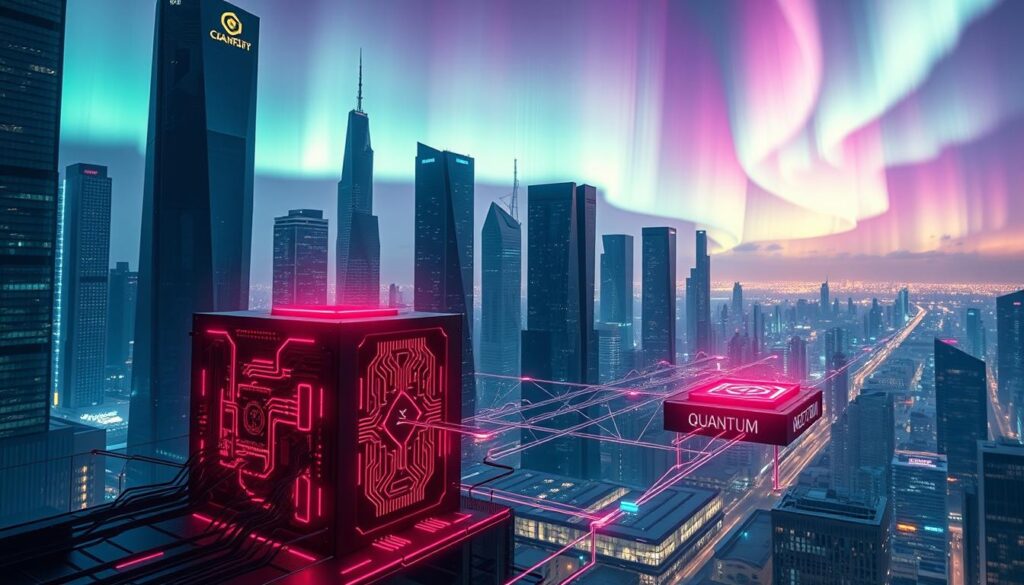 A sleek, futuristic cityscape with soaring skyscrapers and floating data centers. In the foreground, a quantum computer interfaces with an edge computing device, their interconnected circuits glowing with vivid neon hues. Cascading data flows between them, visualized as holographic displays. The sky is saturated with auroras, casting an ethereal, otherworldly glow over the scene. The overall atmosphere conveys a sense of technological innovation, rapid progress, and the seamless integration of decentralized computing power.
