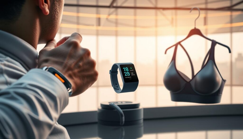 A sleek, futuristic scene showcasing an array of cutting-edge wearable health and fitness devices. In the foreground, a person wearing a sophisticated smartwatch with a holographic display, monitoring various biometric data. In the middle ground, a pair of ergonomic fitness trackers and a high-tech sports bra with embedded sensors. In the background, a panoramic view of a modern, minimalist interior, bathed in soft, warm lighting that accentuates the polished, metallic accents of the devices. The overall atmosphere is one of seamless integration between technology and personal wellbeing, conveying the promise of comprehensive, real-time health monitoring at the user's fingertips. A sleek, futuristic scene showcasing an array of cutting-edge wearable health and fitness devices. In the foreground, a person wearing a sophisticated smartwatch with a holographic display, monitoring various biometric data. In the middle ground, a pair of ergonomic fitness trackers and a high-tech sports bra with embedded sensors. In the background, a panoramic view of a modern, minimalist interior, bathed in soft, warm lighting that accentuates the polished, metallic accents of the devices. The overall atmosphere is one of seamless integration between technology and personal wellbeing, conveying the promise of comprehensive, real-time health monitoring at the user's fingertips.