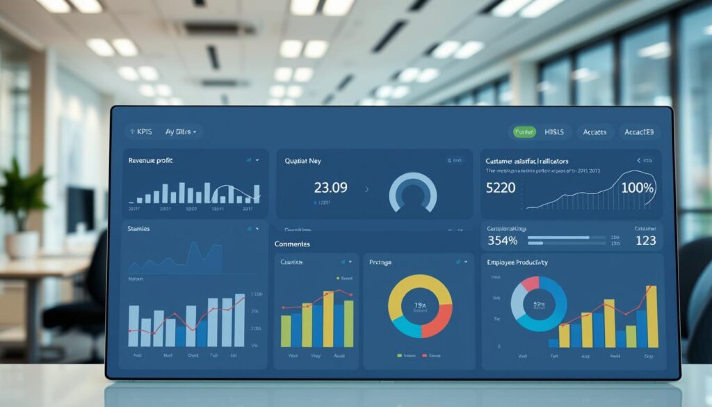 A sleek, modern dashboard displaying key business performance indicators. The foreground features a clean interface with crisp data visualizations, such as bar graphs, line charts, and pie charts, all rendered in a minimalist, high-contrast style. The middle ground showcases various KPIs, including revenue, profit, customer satisfaction, and employee productivity, presented in a clear, easy-to-digest format. The background is a subtly blurred office environment, suggesting a corporate setting. The overall atmosphere is professional, data-driven, and focused on delivering actionable insights at a glance. Lighting is soft and evenly distributed, creating a sense of clarity and transparency. The camera angle is slightly elevated, giving the viewer a sense of authority and control over the information presented.