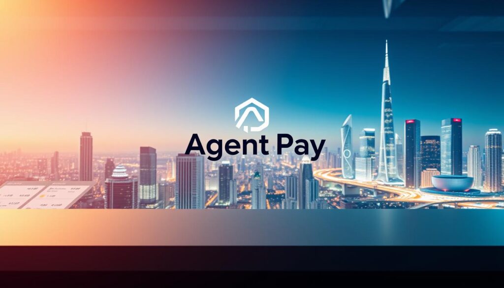 A sleek, modern financial technology platform with a holistic and intelligent payment system. In the foreground, a smooth, minimalist interface showcases various payment options and transaction details. The middle ground features a stylized Agent Pay logo, rendered in a bold, geometric typeface with subtle gradients. In the background, a vibrant cityscape with towering skyscrapers and a dynamic urban landscape, symbolizing the integration of cutting-edge fintech solutions into the heart of the modern economy. The scene is illuminated by warm, directional lighting, creating a sense of sophistication and innovation. The overall composition conveys the seamless fusion of advanced payment technologies and the evolving landscape of commerce.