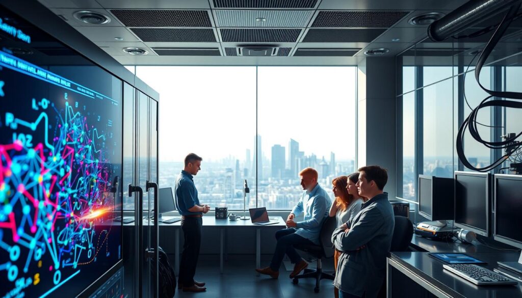A sleek, modern machine learning lab with state-of-the-art equipment and a focus on practical application. In the foreground, a high-resolution display shows a complex algorithm visualized in vibrant colors, hinting at the intricacies of the machine learning process. The middle ground features a team of data scientists and engineers collaborating intently, their expressions reflecting deep concentration. The background showcases a panoramic view of the city skyline, representing the vast potential of practical machine learning solutions. The lighting is crisp and directional, casting dramatic shadows and highlights to accentuate the technical details. The overall atmosphere conveys a sense of cutting-edge innovation and a methodical, step-by-step approach to machine learning.