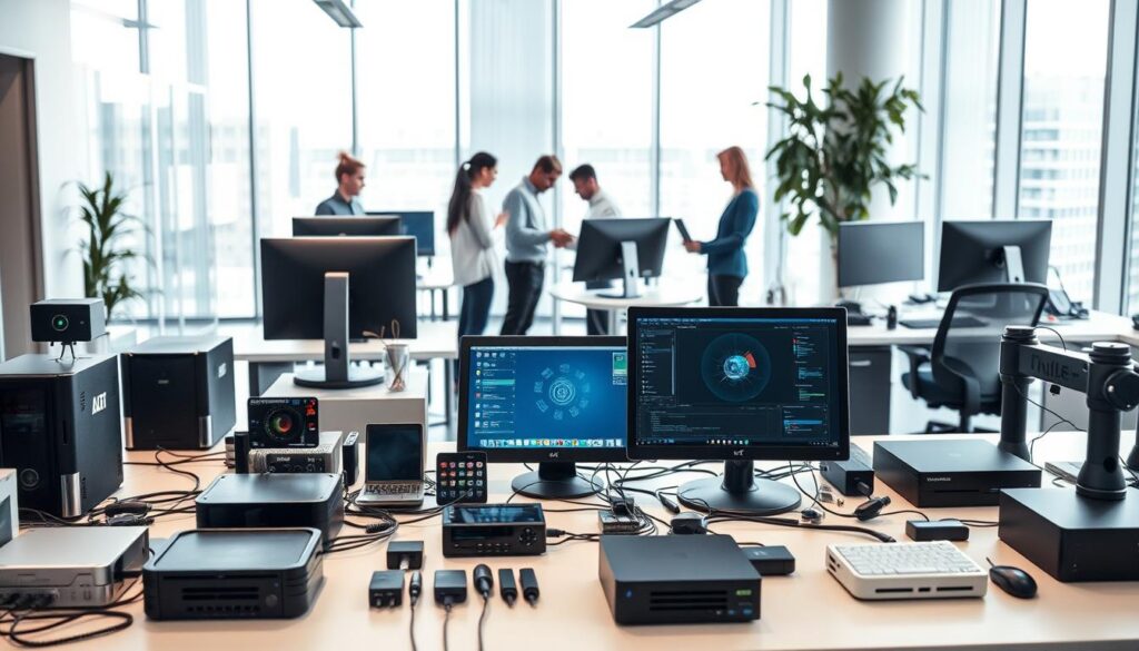A sleek, modern office setting with advanced automation tools and AI-powered software prominently displayed on desks and workstations. In the foreground, a collection of various digital devices, gadgets, and peripherals, meticulously arranged to showcase the technological capabilities. In the middle ground, employees collaborating at standing workstations, their expressions focused and engaged as they utilize the cutting-edge automation solutions. The background features floor-to-ceiling windows, allowing natural light to flood the space and create a bright, airy atmosphere. The color palette is a harmonious blend of blues, grays, and whites, evoking a sense of efficiency and innovation. Subtle hints of the company's branding or logo elements are strategically integrated into the scene, reinforcing the theme of "Ferramentas de Automação com IA para Empresas".