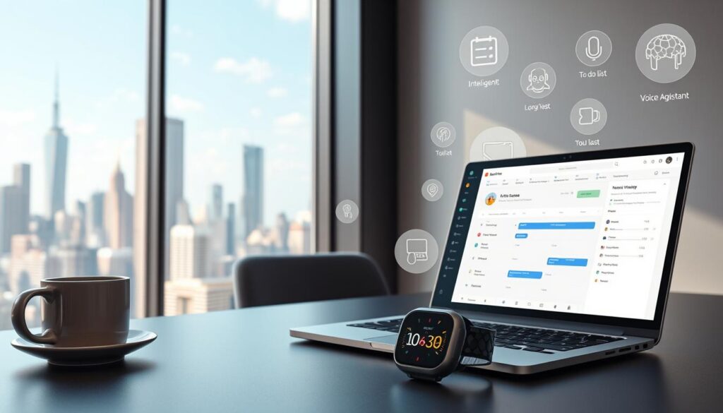 A sleek, modern office with a minimalist design. In the foreground, a desk with a laptop, a cup of coffee, and a smartwatch displaying time and productivity metrics. The middle ground features a large window overlooking a bustling city skyline, with artificial intelligence-powered software running on the laptop's screen. The background showcases various AI-powered tools and technologies, such as an intelligent calendar, a to-do list, and a voice assistant. The overall atmosphere is one of efficiency, organization, and the seamless integration of AI into everyday time management.