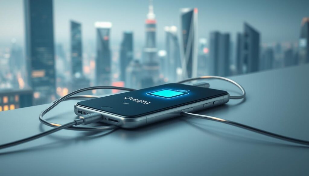 A sleek, modern smartphone resting on a smooth surface, its screen glowing with a vivid battery icon and the word "Charging" displayed. Surrounding it, a network of metallic charging cables intertwine, radiating a subtle warm glow. In the background, a blurred cityscape of towering skyscrapers and glowing lights, conveying a sense of urban efficiency and technological advancement. The overall scene is bathed in a soft, cool lighting, creating a sophisticated and futuristic atmosphere.