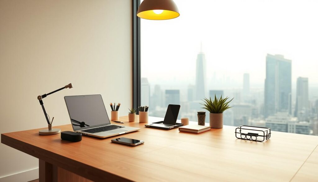 A sleek, modern workspace with a laptop, smartphone, and various office supplies neatly arranged on a minimalist wooden desk. The desk is illuminated by warm, diffused lighting from an overhead fixture, creating a cozy, productive atmosphere. In the background, a large window overlooks a city skyline, with the silhouettes of skyscrapers visible against a softly blurred, pastel-toned sky. The overall scene conveys a sense of professional efficiency and technological sophistication, perfectly suited for illustrating the process of configuring an OpenAI API.