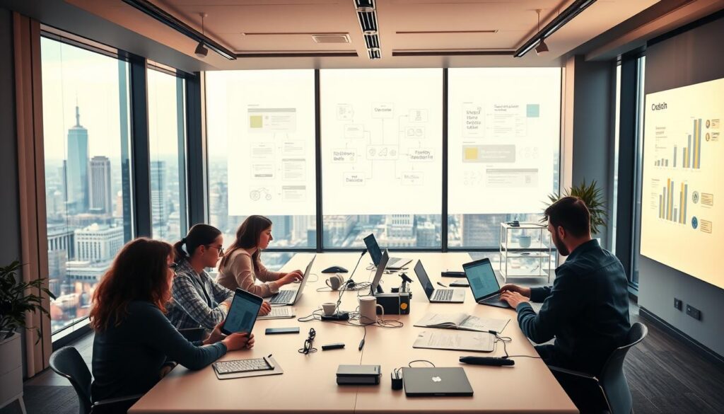 A strategic chatbot implementation in a modern, sleek office setting. In the foreground, a team of developers and UX designers collaborate at a long table, intently focused on laptops and whiteboards. The middle ground features an array of agile development tools, flowcharts, and diagrams projected on the wall, illuminating the strategic planning process. In the background, floor-to-ceiling windows offer a panoramic city skyline view, conveying a sense of urban innovation. Warm, diffused lighting casts a productive, contemplative atmosphere over the scene. The overall impression is one of a well-orchestrated, technology-driven strategic chatbot rollout.