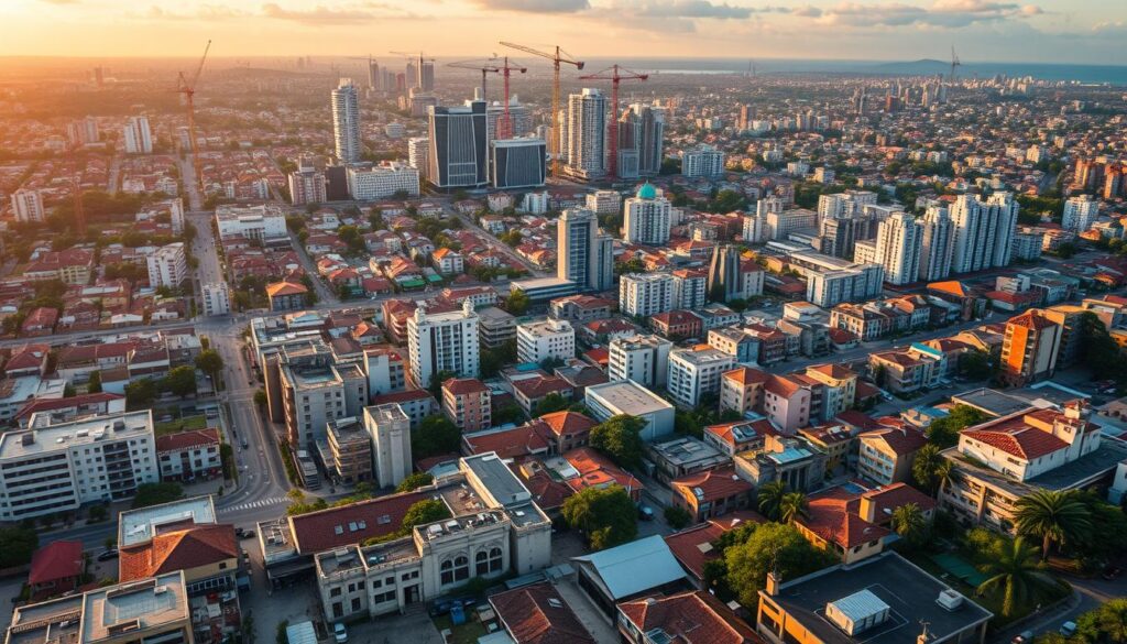 A striking aerial view of a bustling Brazilian city, its skyline dotted with cranes and construction sites. In the foreground, a group of diverse workers engage in vocational training programs, honing new skills amidst modern facilities. The middle ground showcases a vibrant mix of educational institutions and tech hubs, symbolizing the country's efforts to retool its workforce for the digital age. The background is a tapestry of diverse neighborhoods, each with its own unique architectural character, reflecting the broad spectrum of communities impacted by the challenges of professional requalification. Warm, golden lighting imbues the scene with a sense of optimism and progress, capturing the spirit of Brazil's journey towards a more equitable and future-ready employment landscape.