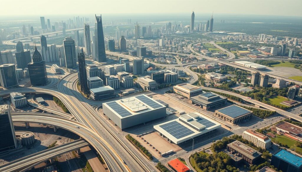 A sweeping aerial view of a bustling metropolitan area, the skyline dotted with towering skyscrapers and sleek, modern buildings. In the foreground, a network of gleaming highways and rail lines crisscross, connecting the various sectors of the city. The mid-ground features state-of-the-art industrial complexes, their roofs adorned with solar panels and wind turbines, symbolizing the city's embrace of renewable energy and sustainable practices. In the background, lush green spaces and parks provide a natural counterpoint to the urban landscape, highlighting the balanced, holistic approach to urban planning. The scene is bathed in warm, golden light, conveying a sense of progress, innovation, and a bright future for this digitally-transformed, strategically important metropolis.