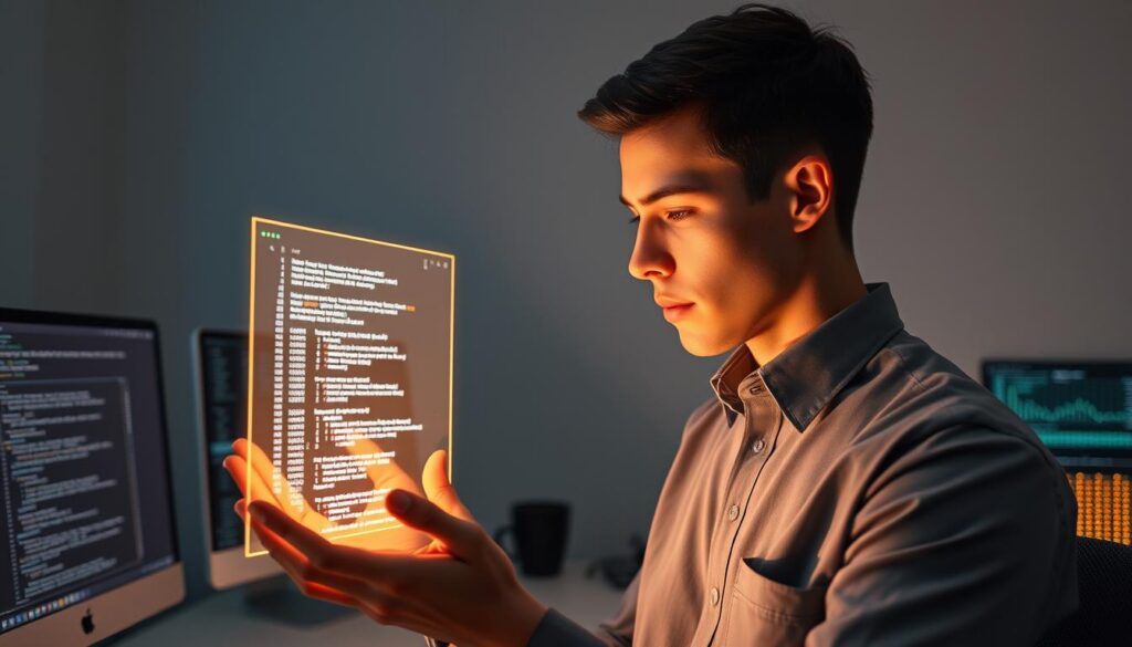 A talented AI developer, clad in a crisp button-down shirt, intently focuses on a holographic display that hovers before them. The bright screen casts a warm glow, illuminating their face as they scrutinize lines of code. Behind them, a sleek, minimalist workspace is adorned with state-of-the-art technology - computer monitors, neural network diagrams, and arrays of blinking LEDs. Soft, directional lighting creates a pensive, contemplative atmosphere, emphasizing the developer's deep concentration. The scene conveys the intersection of human ingenuity and the powerful capabilities of artificial intelligence, as the developer harnesses cutting-edge tools to push the boundaries of what's possible.