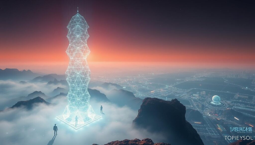A vast, immersive digital landscape, where the boundaries between physical and virtual reality blur. In the foreground, a towering holographic construct, its intricate patterns and glowing forms beckoning exploration. Amid the digital mist, avatars navigate seamlessly, their movements fluid and lifelike. The middle ground is a mosaic of interconnected virtual experiences, from idyllic landscapes to futuristic cityscapes. In the distance, a horizon of endless possibility, where the promise of the metaverse and transformative digital experiences awaits. Ambient lighting casts a warm, ethereal glow, creating a sense of wonder and anticipation. Capture the essence of this dynamic, ever-evolving digital frontier.